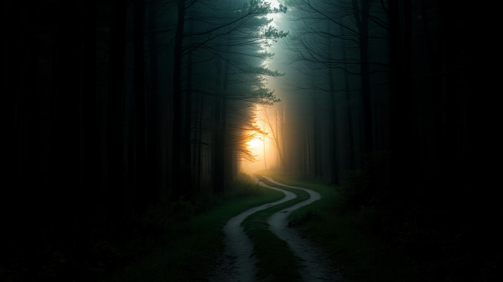 Winding path through misty forest leading toward distant light
