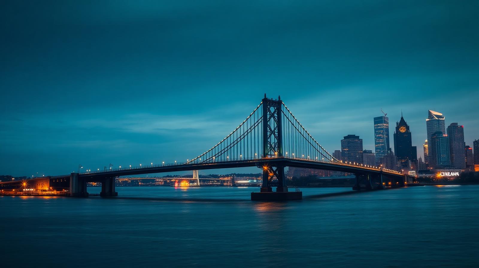 Benjamin Franklin Bridge over the Delaware River at dusk between Philadelphia and New Jersey